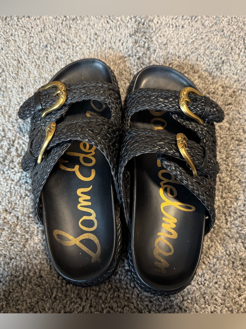 Sam Edelman Black Woven Slide Sandals with Gold Buckles - Picture 3 of 6